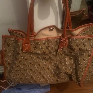 Dooney & Bourke Brown Monogram Canvas Tote with Leather Trim